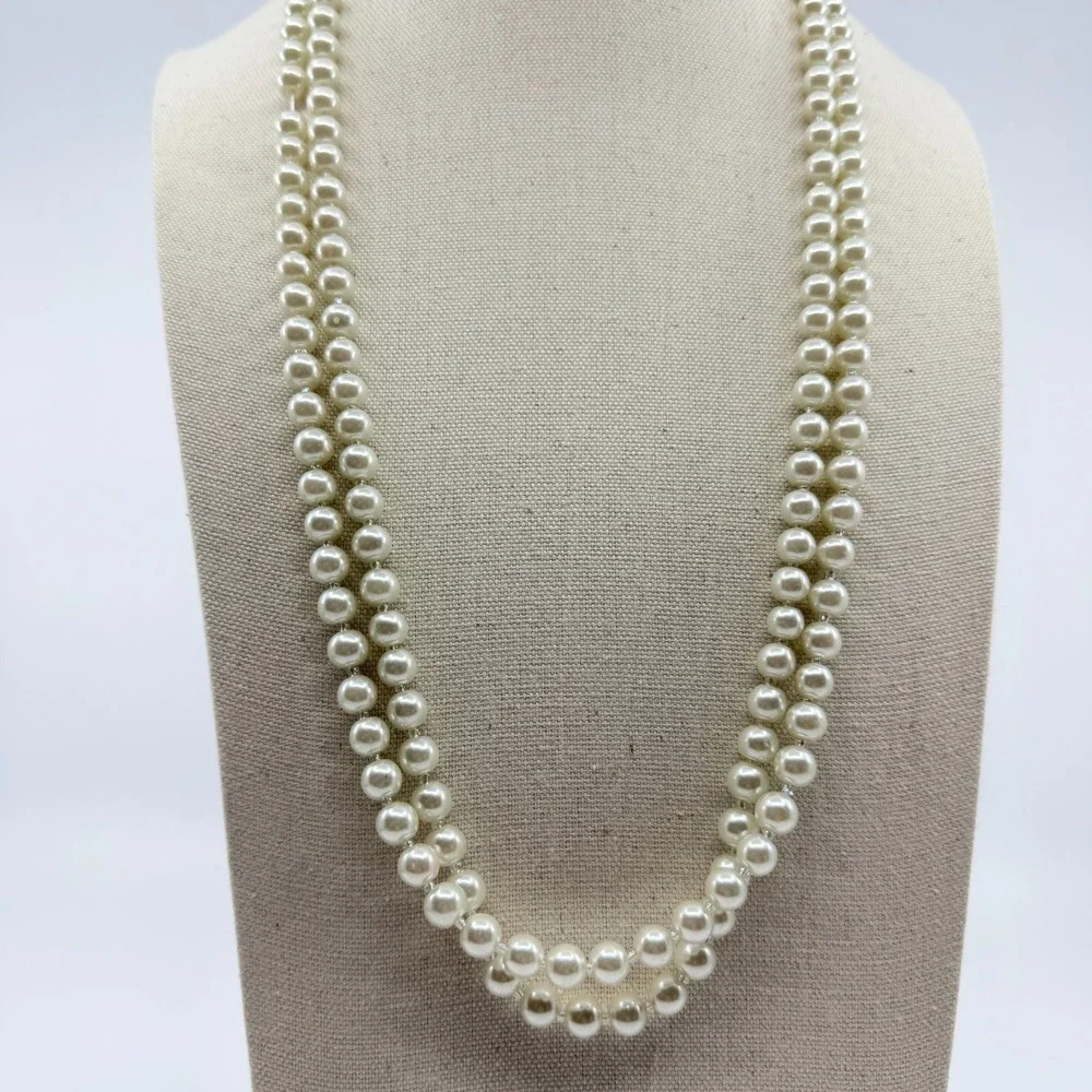 Vintage‎ Faux Pearl Necklace Double Strand Cream Beaded Statement Retro Y2K 90s
